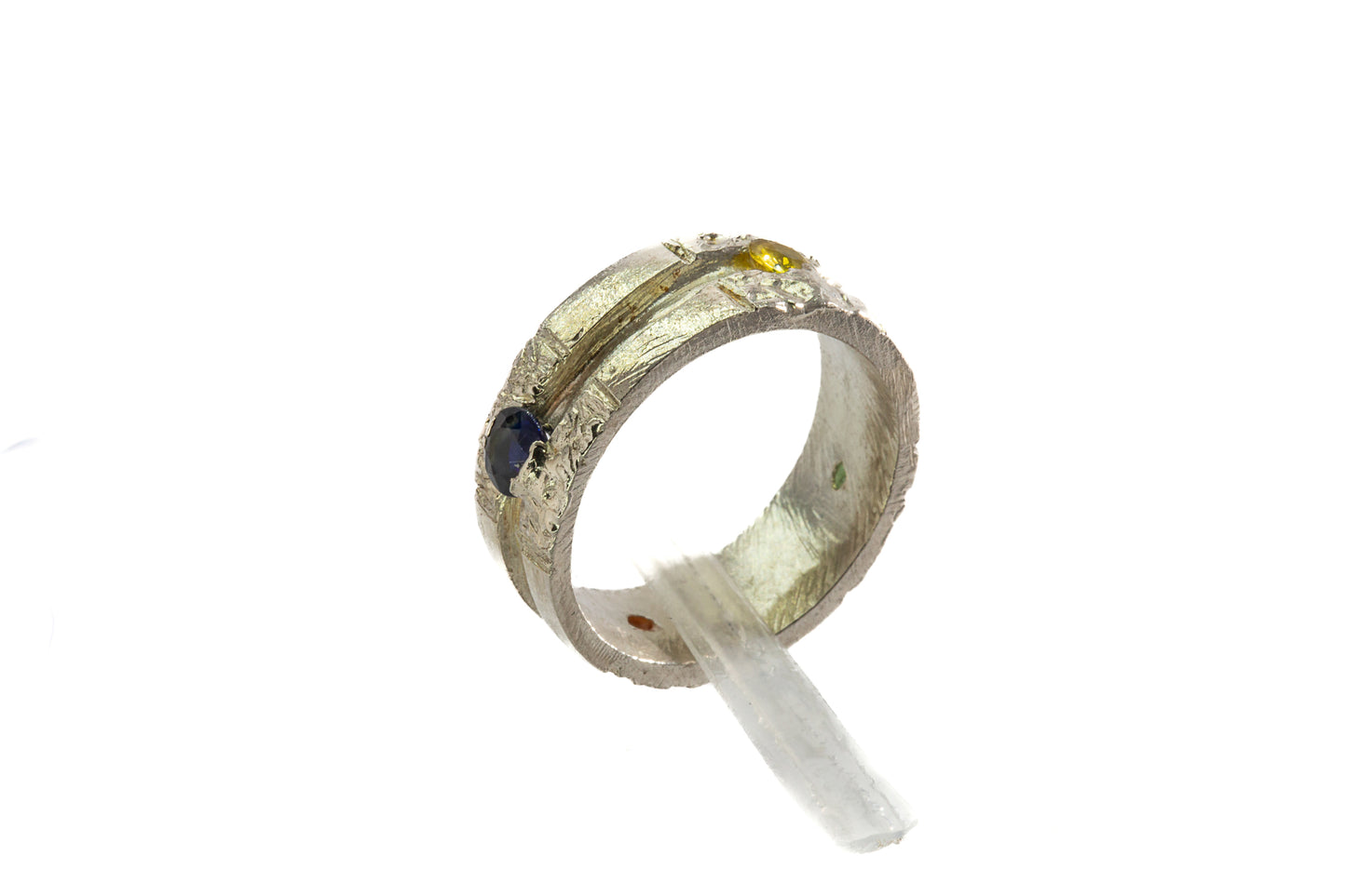 Sapphires in Silver: 4 multi coloured stone wide trench Ring