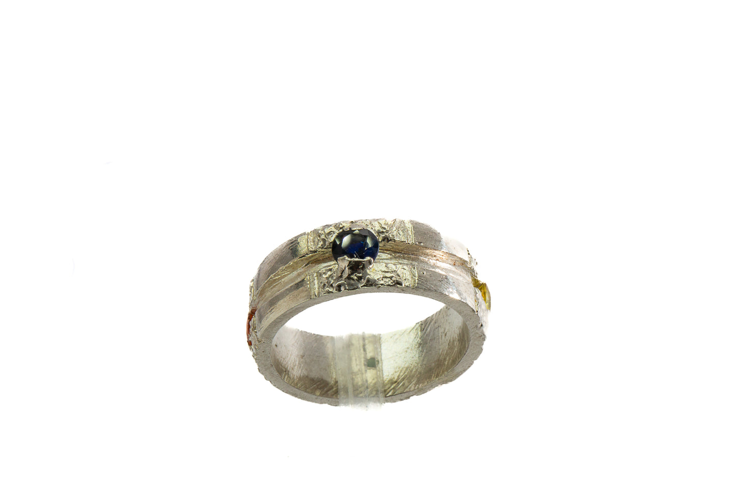 Sapphires in Silver: 4 multi coloured stone wide trench Ring
