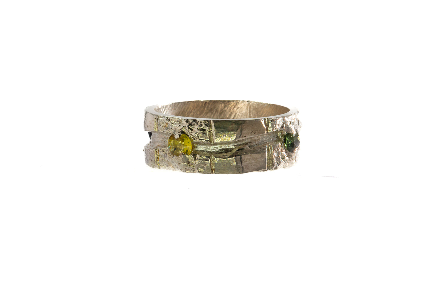 Sapphires in Silver: 4 multi coloured stone wide trench Ring