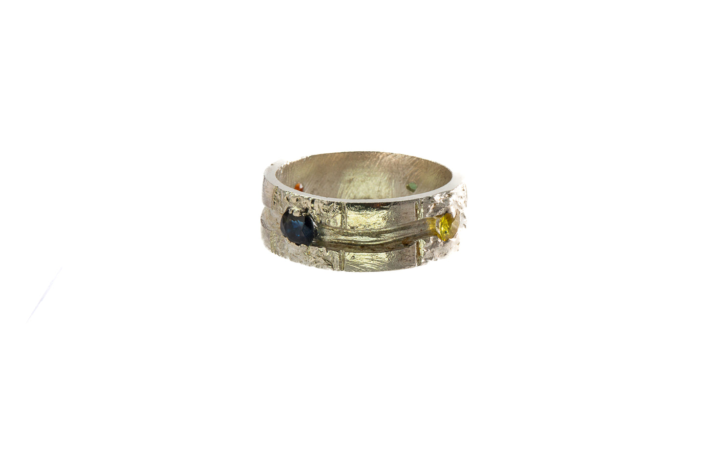 Sapphires in Silver: 4 multi coloured stone wide trench Ring