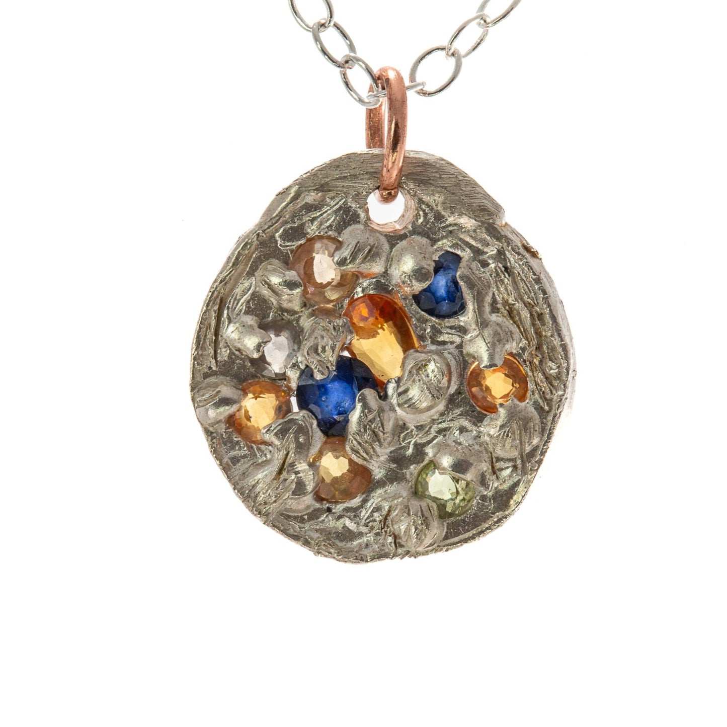 Sapphires in Silver: 9 cut multi-coloured sapphires round silver Pendant