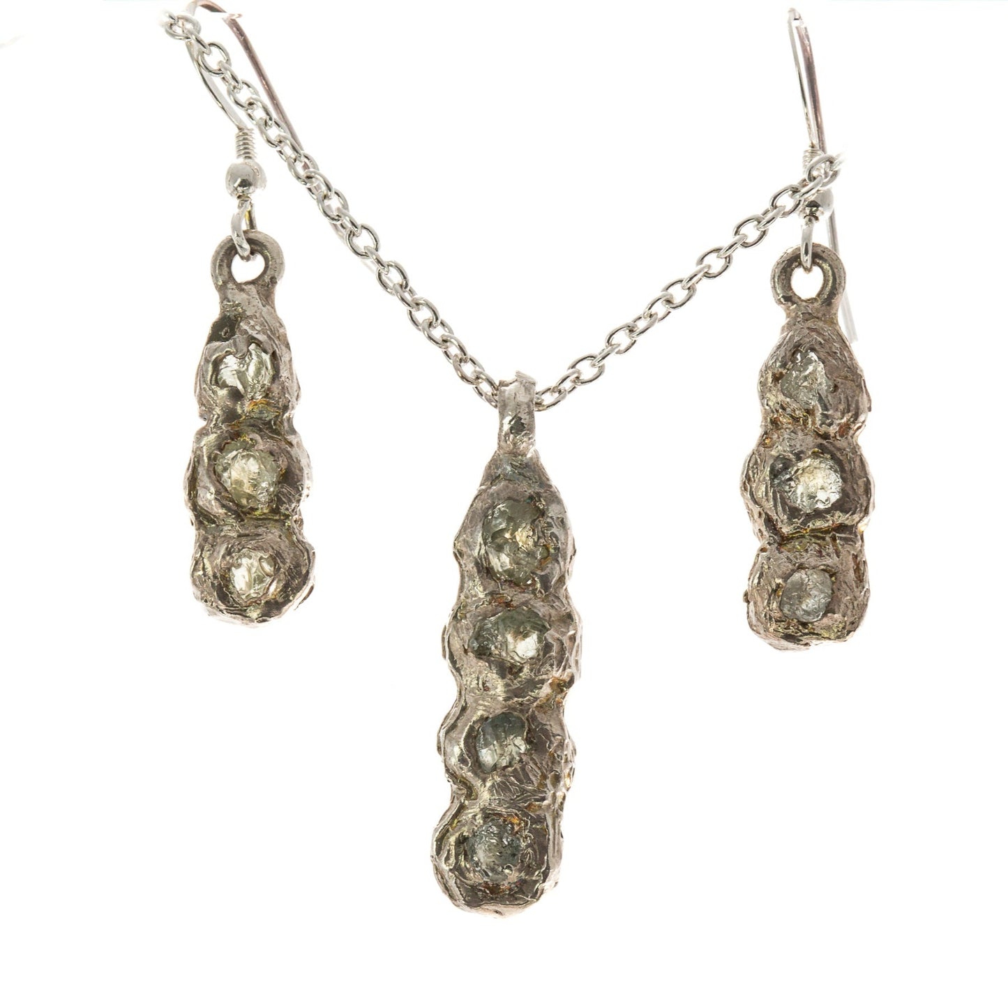 Sapphires in Silver: 10 rough Montana Sapphire silver Pendant and Earring Set