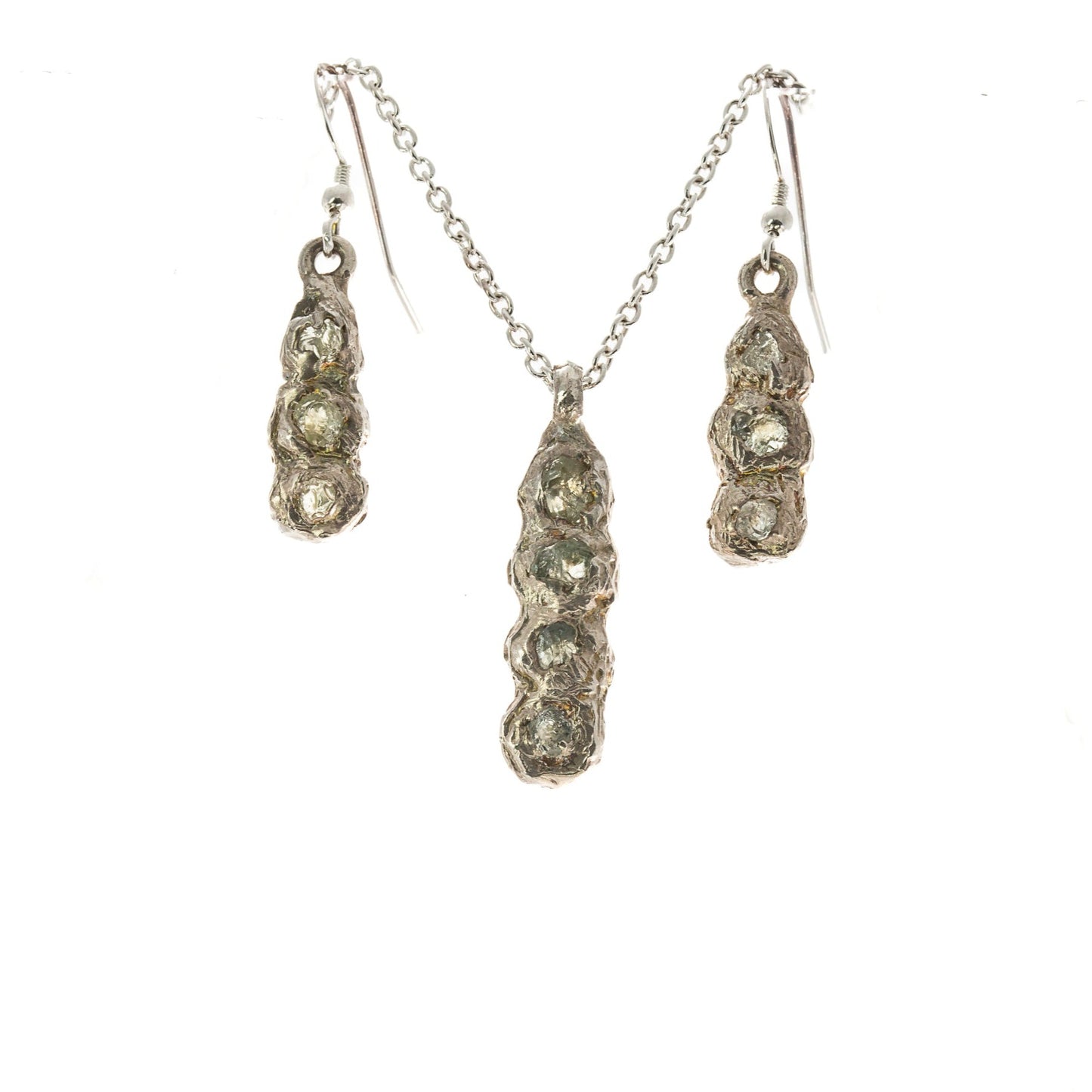 Sapphires in Silver: 10 rough Montana Sapphire silver Pendant and Earring Set